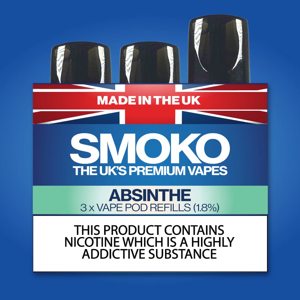 Absinthe Flavour Vape POD Refills SMOKO Made in the UK SMOKO E Cigarettes Absinthe Flavour Vape POD Refills SMOKO Made in the UK SMOKO E Cigarettes