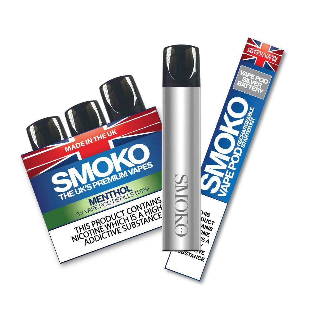 menthol cigarette vape POD Starter Kit SILVER + 1 Pack 1.8% VAPE POD Refills – SMOKO E-Cigarettes + Vapes JUUL Pod Multipack - usp_Mesh Coils Flavor:Watermelon Splash
