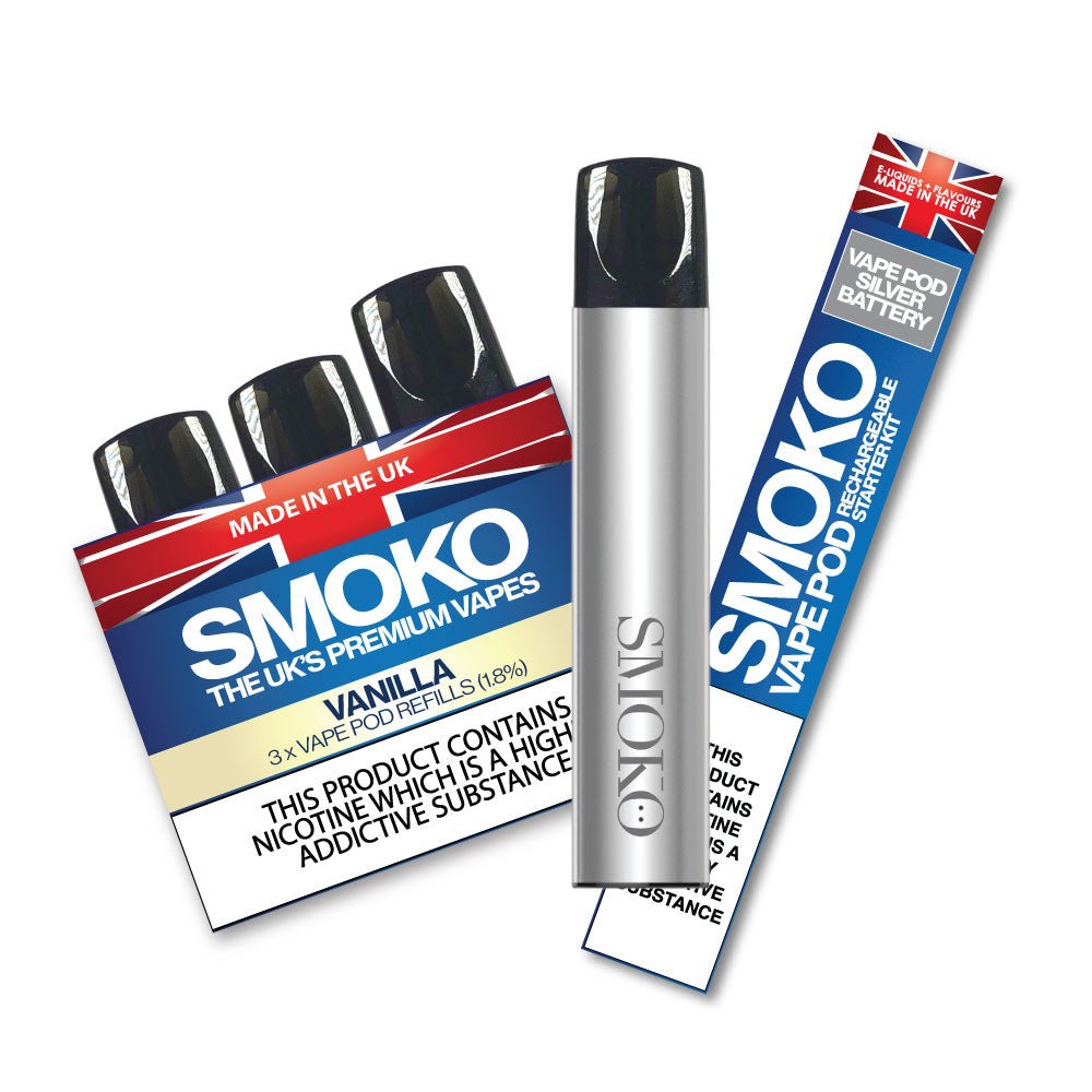 cheap vape starter kit POD SILVER + 1 Pack VANILLA 1.8% VAPE POD Refills – SMOKO E-Cigarettes + Vapes single disposable Variant:SOUR FCUKING FAB Best Vuse Pods Ranked
