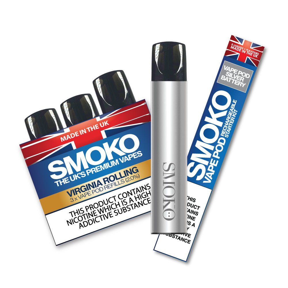 uk made disposable vape POD Starter Kit SILVER + 1 Pack VIRGINA ROLLING 2.0% VAPE POD Ref 5k Color:Sunrise Green Fume Infinity 5% Disposable