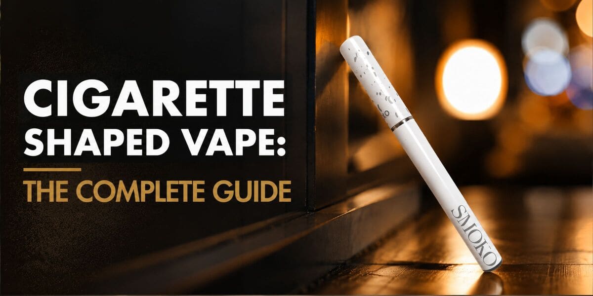 Cigarette-shaped vape with blurred lights and blog title