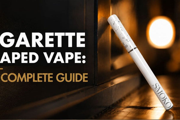 Cigarette-shaped vape with blurred lights and blog title