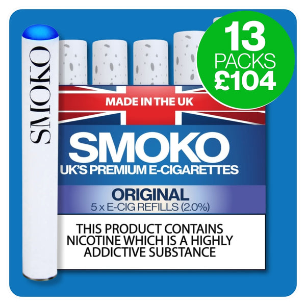 SMOKO E-Cigarette Refills - made in the UK - Multi buy deal - 13 packs cigalike refills + ecig battery + free UK delivery £104