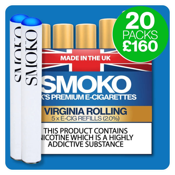 SMOKO E-Cigarette Refills - made in the UK - Multi buy deal - 20 packs cigalike refills + 2 ecig batteries + free UK delivery £160