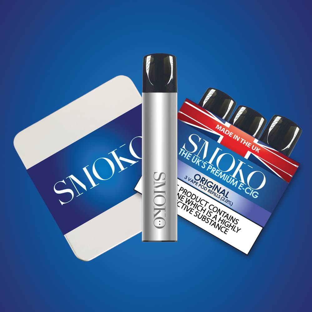 The UK's best vape starter kit - SMOKO Vape starter kit + silver rechargeable vape battery + a pack of Vape Pod Refills