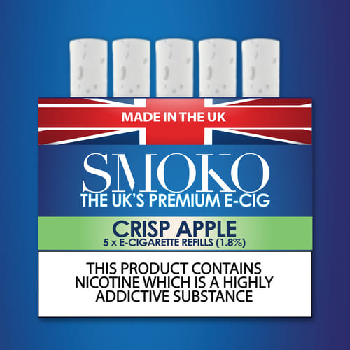 SMOKO E-sigaretter sigaretter påfyll Eplesmak 1.8 % nikotin Laget og produsert i Storbritannia
