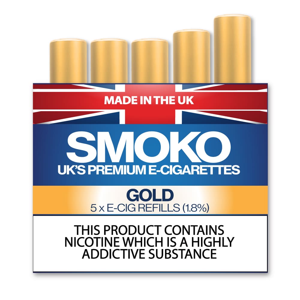 Ricariche per sigaretta elettronica Cigalike al gusto di tabacco dorato, prodotte nel Regno Unito SMOKO Sigarette elettroniche Ricariche per sigaretta elettronica Cigalike al gusto di tabacco dorato, prodotte nel Regno Unito SMOKO Sigarette elettroniche