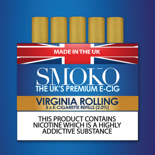 SMOKO Recargas de cigarrillos electrónicos Cigalike sabor a tabaco de liar Virginia 2.0% de nicotina Hecho en el Reino Unido