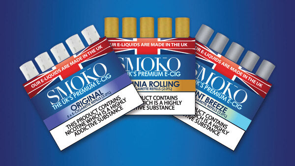 SMOKO Las recargas de cigarrillos electrónicos tipo ciga vienen en una variedad de sabores y usan líquidos electrónicos fabricados en el Reino Unido.