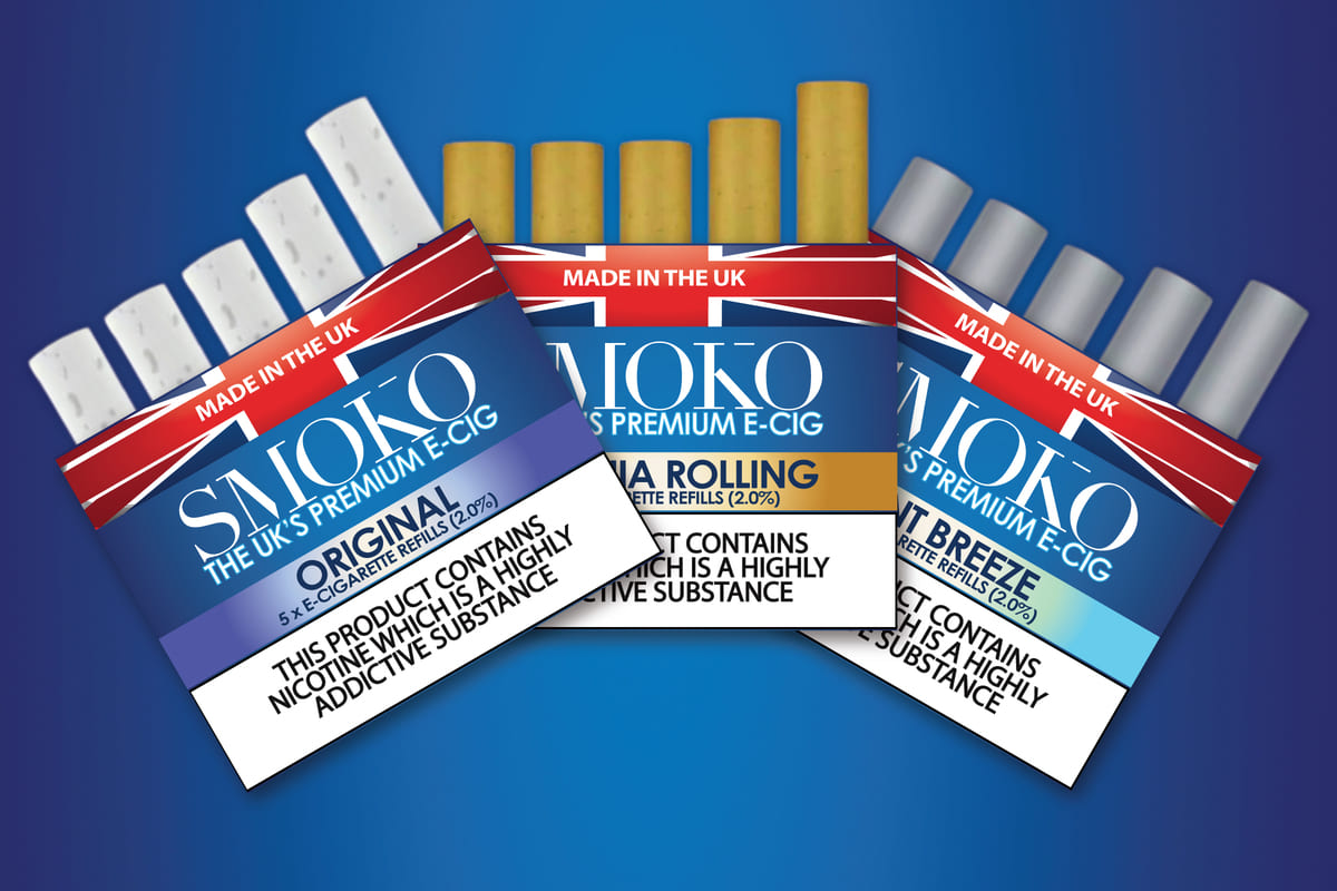 SMOKO Náplně ECig jsou vyrobeny ve Velké Británii a jsou o 75 % levnější než cigarety