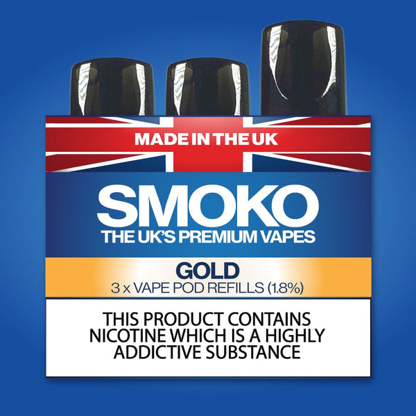 Gold Tobacco Flavour Vape POD Refills SMOKO Made in the UK SMOKO E Cigarettes Gold Tobacco Flavour Vape POD Refills SMOKO Made in the UK SMOKO E Cigarettes