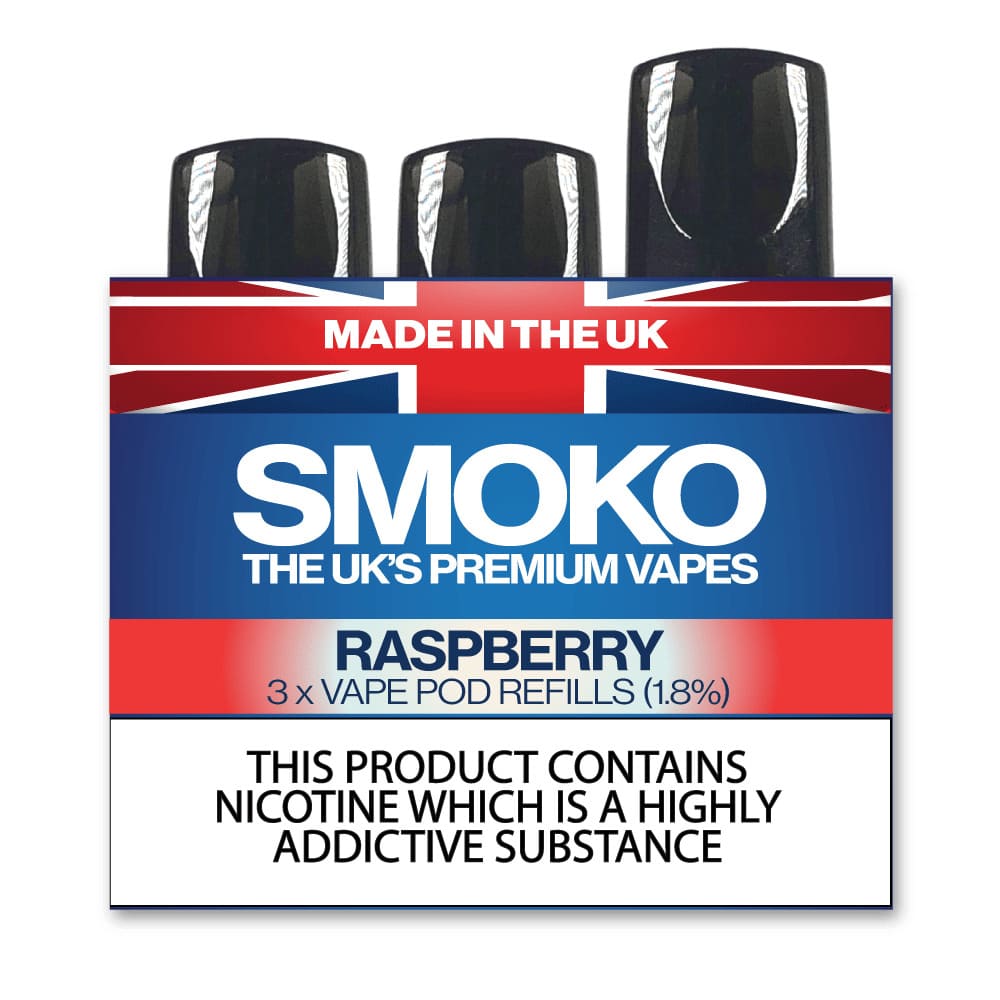 Raspberry Flavour Vape POD Refills | Made in the UK SMOKO E Cigarettes Raspberry Flavour Vape POD Refills | Made in the UK SMOKO E Cigarettes