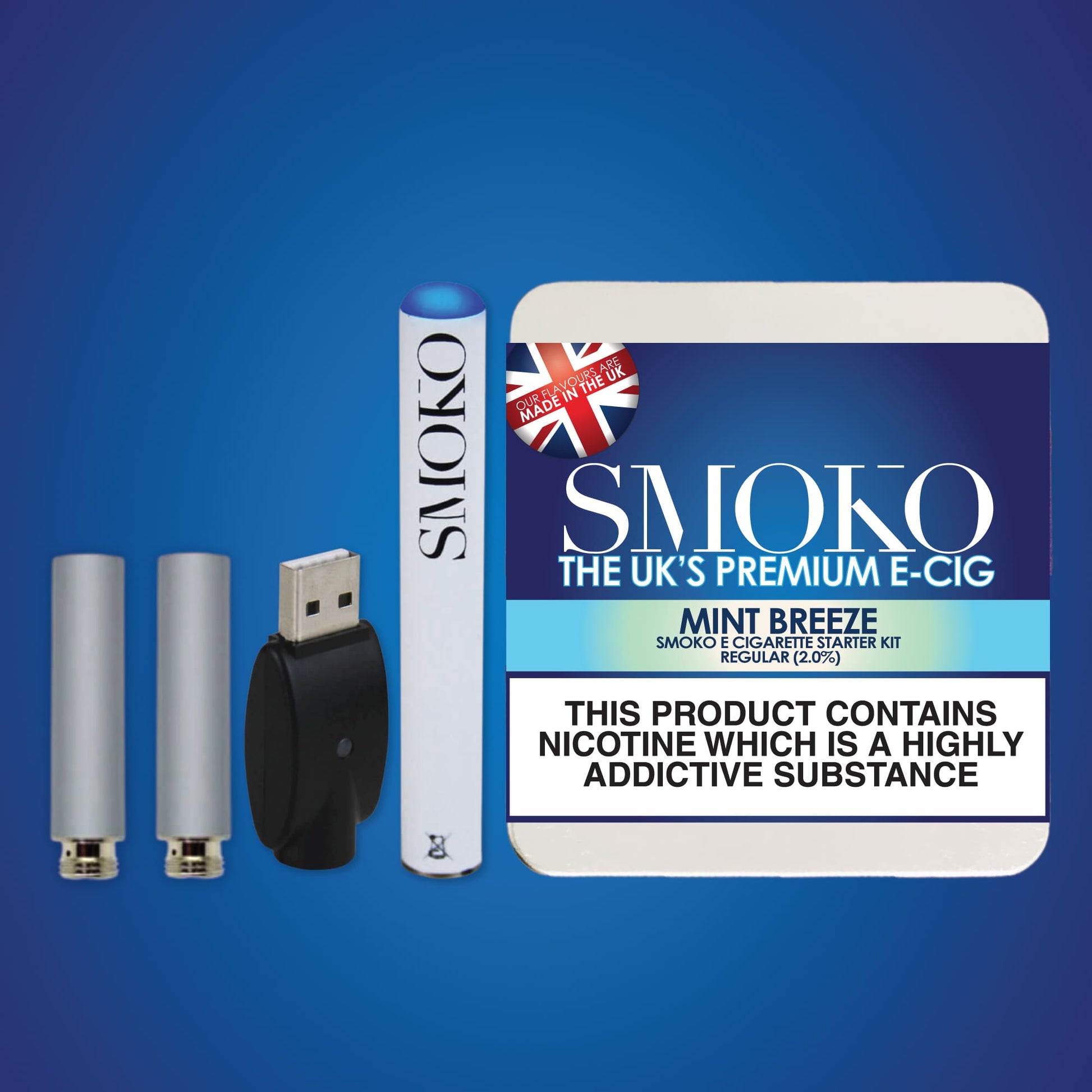 Das beste Starter-Kit für E-Zigaretten (Cigalike) im Vereinigten Königreich. E-Zigaretten-Starter-Kit SMOKO Minzbrise-Geschmack