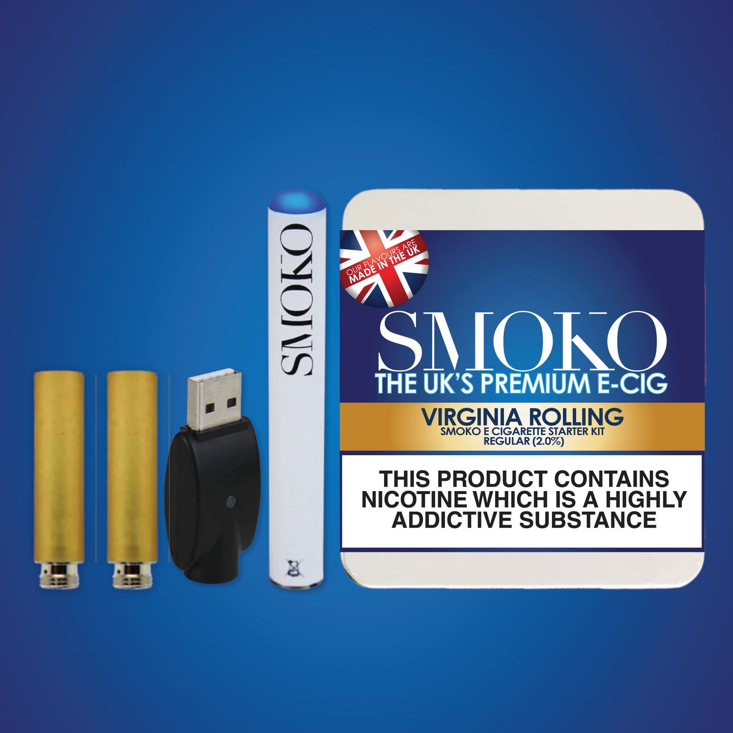 Das beste Starter-Kit für E-Zigaretten (Cigalike) im Vereinigten Königreich. E-Zigaretten-Starter-Kit SMOKO Virginia-Rollgeschmack