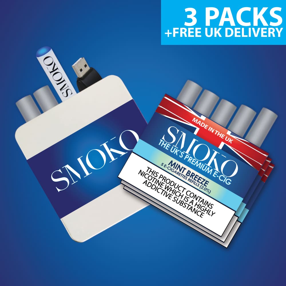 SMOKO E-Cigarette Starter Kit Deal - Cigalike Start Kit + 3 Packs Mint Breeze 2.0% ECIG Refills + FREE UK Delivery