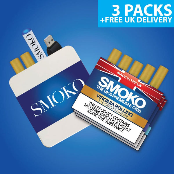 SMOKO E-Cigarette Starter Kit Deal - Cigalike Start Kit + 3 Packs Virginia Rolling 2.0% ECIG Refills + FREE UK Delivery  | Cigarette alternative | Quit smoking with Vaping or E-cig | Free E-cigarette & Vape Deals