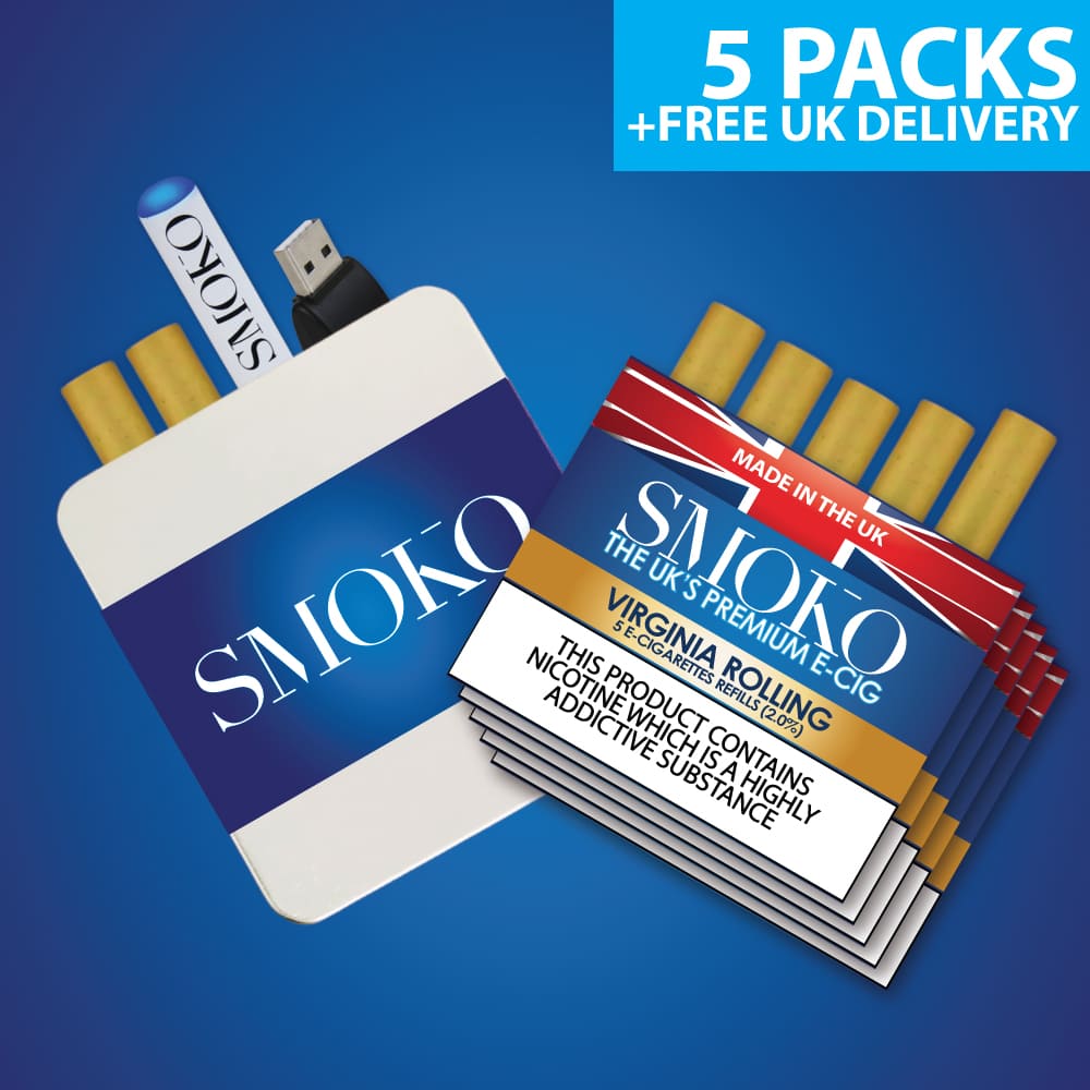 SMOKO E-Cigarette Starter Kit Deal - Cigalike Start Kit + 5 Packs Virginia Rolling 2.0% ECIG Refills + FREE UK Delivery