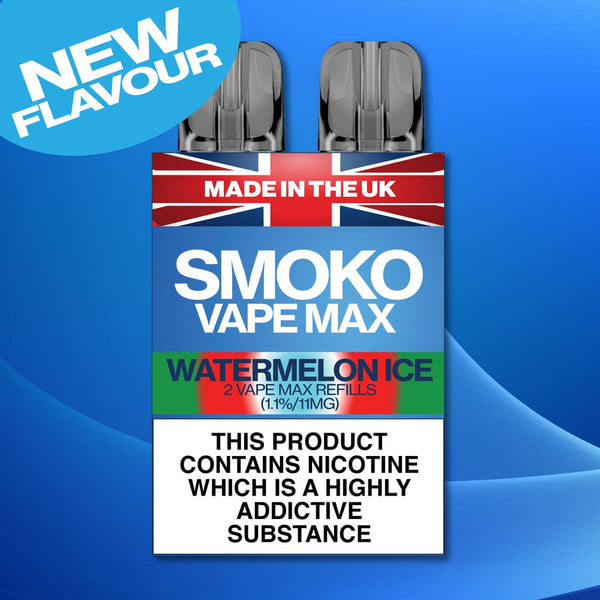 NEW FLAVOUR - WATERMELON ICE VAPE MAX REFILLS - MADE IN THE UK - SMOKO E-Cigarettes + Vapes