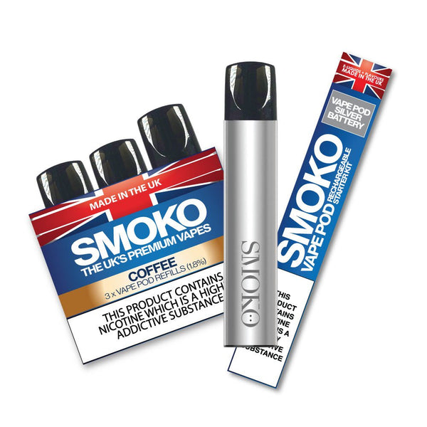 VAPE POD Starter Kit SILVER + 1 Pack COFFEE 1.8% VAPE POD Refills - SMOKO E-Cigarettes + Vapes