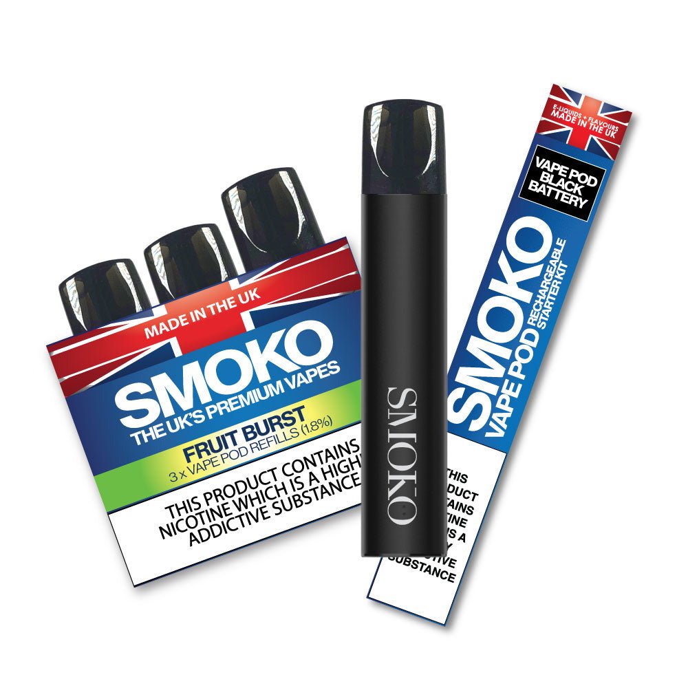 VAPE POD Starter Kit BLACK + 1 Pack FRUIT BURST 1.8% VAPE POD Refills - SMOKO E Cigarettes