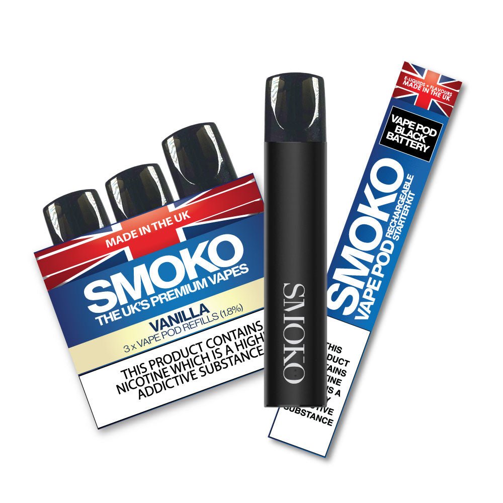 VAPE POD Starter Kit BLACK + 1 Pack VANILLA 1.8% VAPE POD Refills - SMOKO E Cigarettes