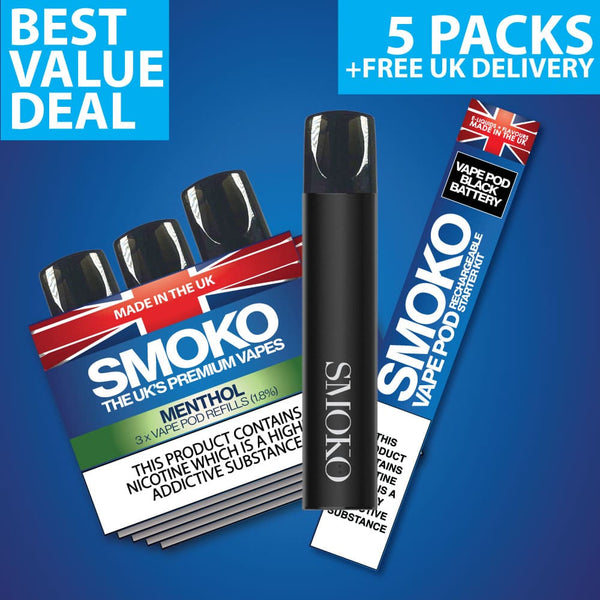FREE VAPE DEAL + 5 PACK OF VAPE POD REFILLS 45.00 SAVE 22+ SMOKO E Cigarettes FREE VAPE DEAL + 5 PACK OF VAPE POD REFILLS 45.00 SAVE 22+ SMOKO E Cigarettes