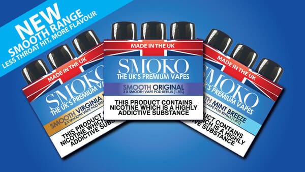 SMOKO SMOOTH Vape Pod Refill range - 50% PG / 50% VG for a smoother vape - less throat hit and more flavour