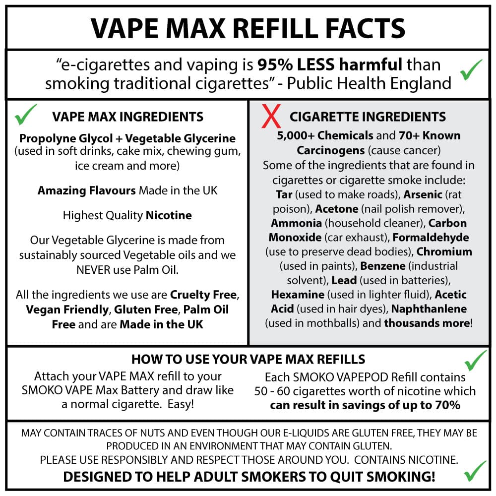  Flavour Vape Max Pro Refills vape Refill SMOKO | Cigarette alternative | Quit smoking with Vaping or E-cig | Free E-cigarette & Vape Deals | Free Delivery over £30 | No Nic Salts | Safe and easy Vaping