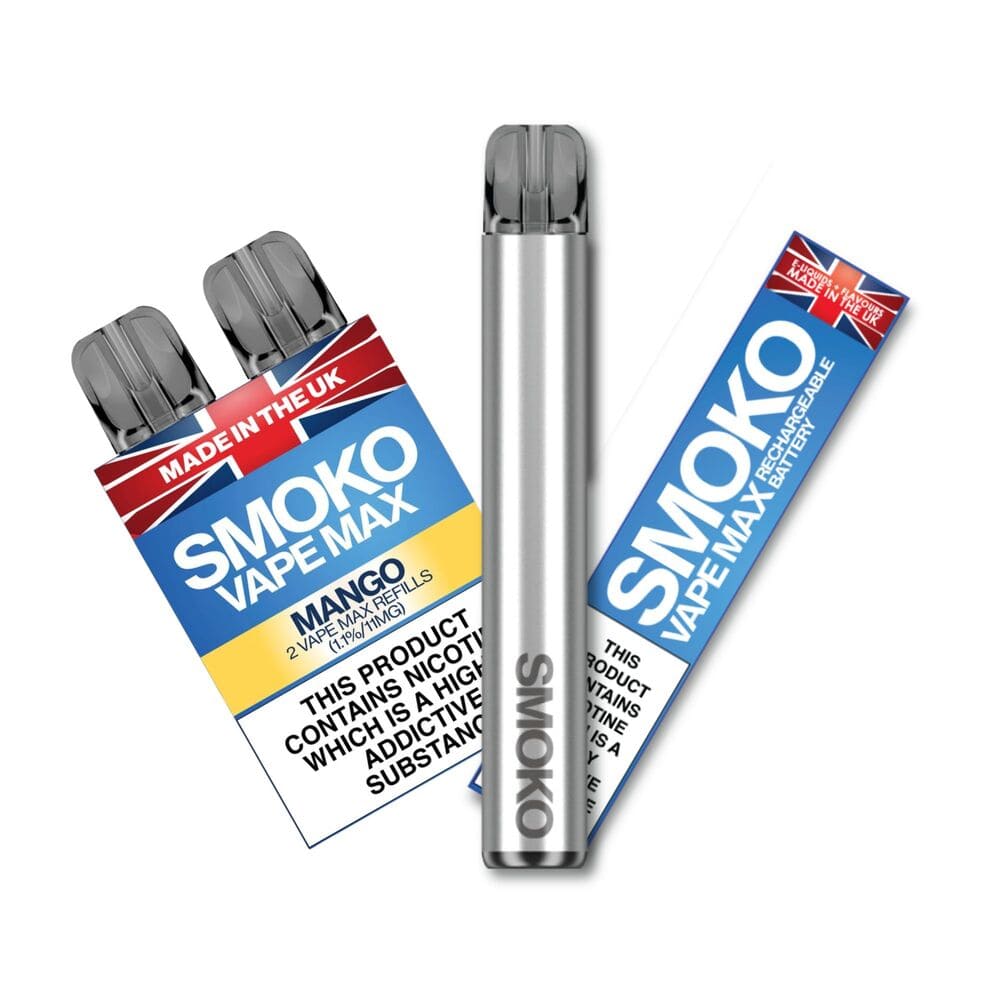 SMOKO VAPE MAX Starter Kit Deal - Silver Vape Max Battery + Mango Vape Max Refills 1.1% - Made in the UK
