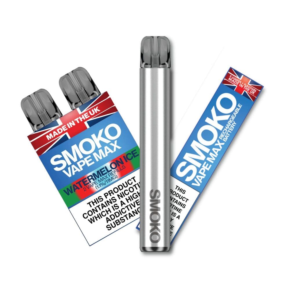 SMOKO VAPE MAX Starter Kit Deal - Silver VAPE MAX Battery + 1 Pack of Watermelon Ice VAPE MAX Refills - Made in the UK