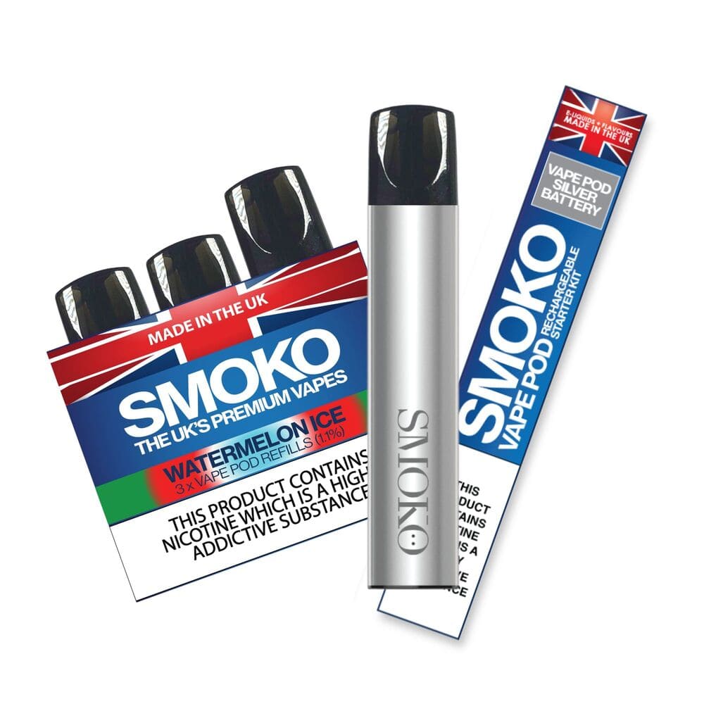 vape pod flavours Starter Kit SILVER + 1 Pack WATERMELON ICE 1.1% VAPE POD Refi – SMOKO E-Cigarettes + Vapes Color:Dark Blue coils for vaporesso Vape Flavors and Vape