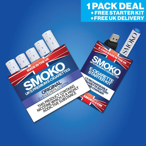 FREE E-CIGARETTE DEAL + 1 PACK OF E-CIG REFILLS - £8.99 (SAVE £10.99) - SMOKO E Cigarettes
