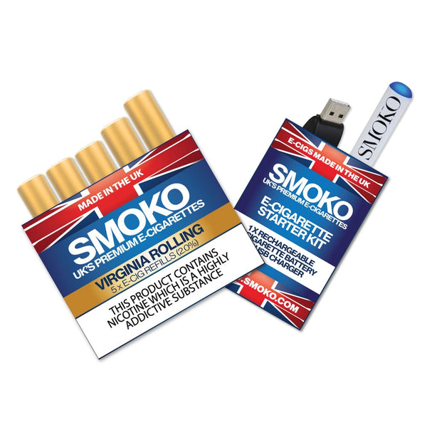 Virginia Rolling E-Cig Starter Kit + 1 Pack Virginia Rolling 2.0% E-Cig Refills - SMOKO E Cigarettes