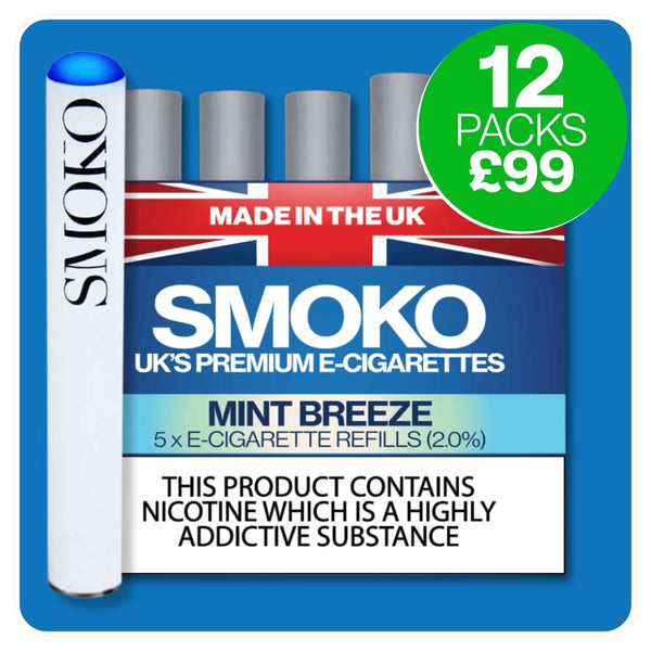12 Packs of SMOKO E-Cigarette Refills + 1 Rechargeable E-Cigarette battery deal