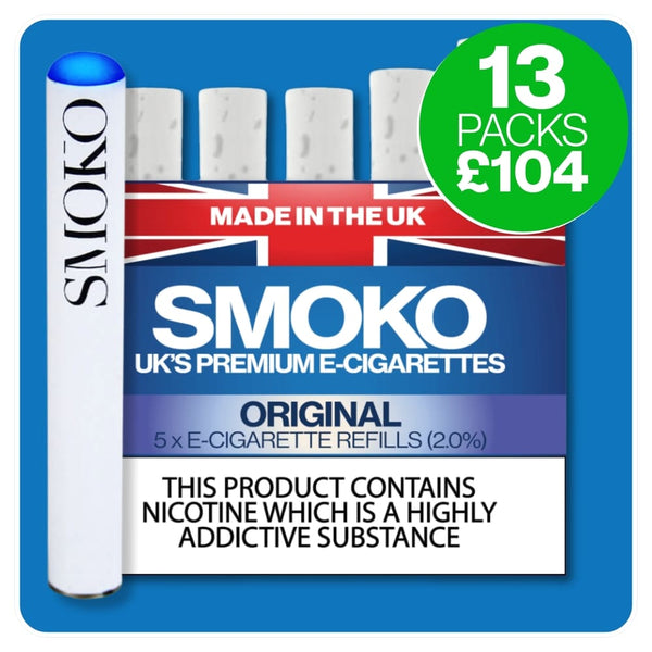 SMOKO E-Cigarette Refills - made in the UK - Multi buy deal - 13 packs cigalike refills + ecig battery + free UK delivery £104