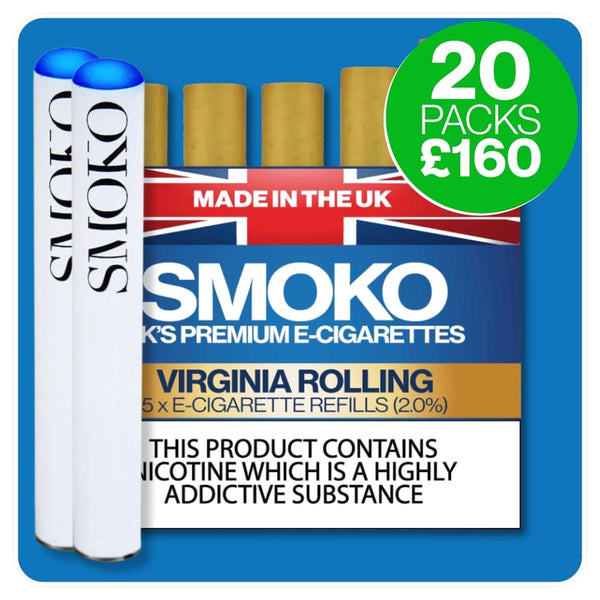 SMOKO E-Cigarette Refills - made in the UK - Multi buy deal - 20 packs cigalike refills + 2 ecig batteries + free UK delivery £160