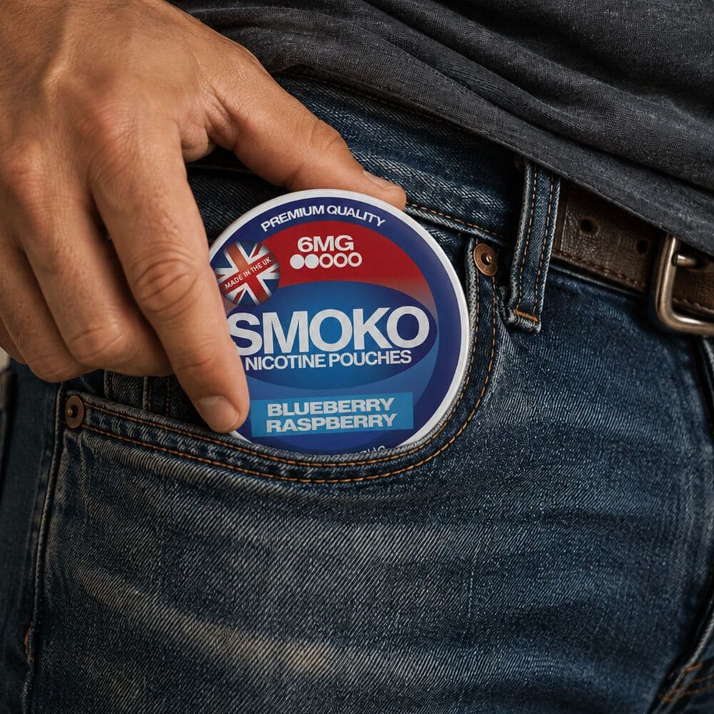 Man putting a can of SMOKO Nicotine Pouches 6MG Blueberry Raspberry in his front pocket
