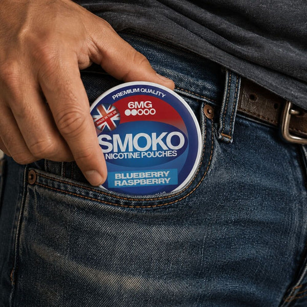 Man putting a can of SMOKO Nicotine Pouches 6MG Blueberry Raspberry in his front pocket