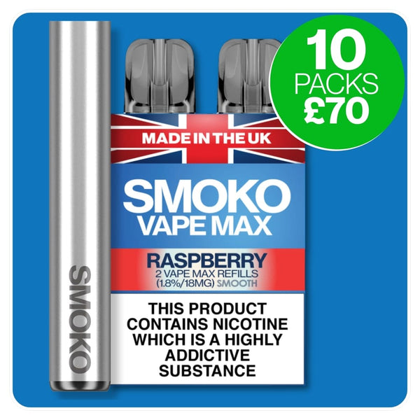 SMOKO VAPE MAX Refills - made in the UK - Multi buy deal - 10 packs VAPE refills + rechargeable vape battery free UK delivery £70