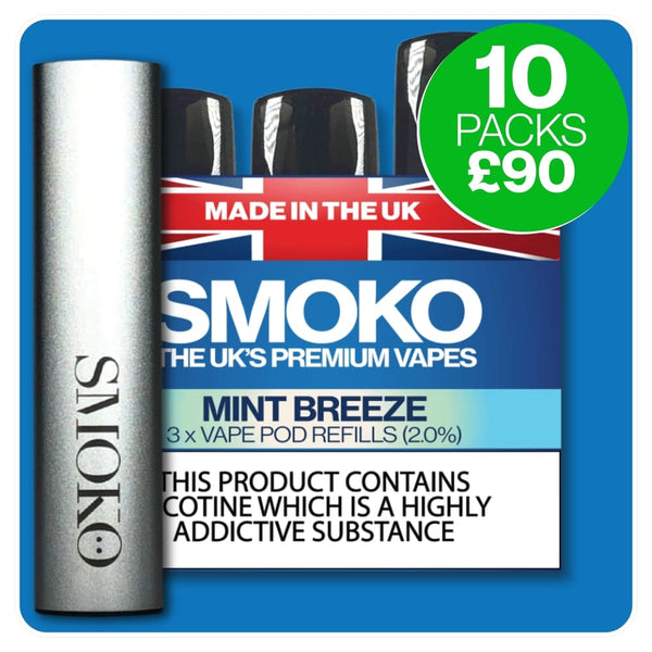 SMOKO VAPE POD REFILLS - Multi buy discount 10 packs of vape refills + rechargeable vape battery + free UK Shipping £90