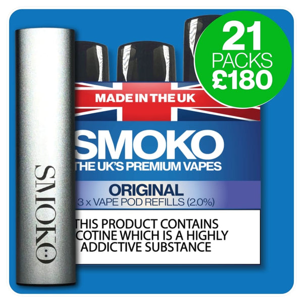 SMOKO VAPE POD REFILLS - Multi buy discount 21 packs of vape refills + rechargeable vape battery + free UK Shipping £180