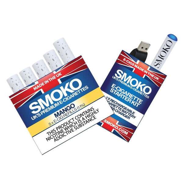 SMOKO E-Cigarette Starter Kit Deal - E-Cig Starter Kit + 1 Pack of MANGO 1.1% E-Cig Refills - Made in the UK