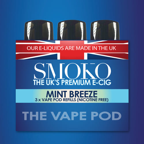 SMOKO E-Cigarette VAPE POD Refills Mint Breeze flavour 0% nicotine free