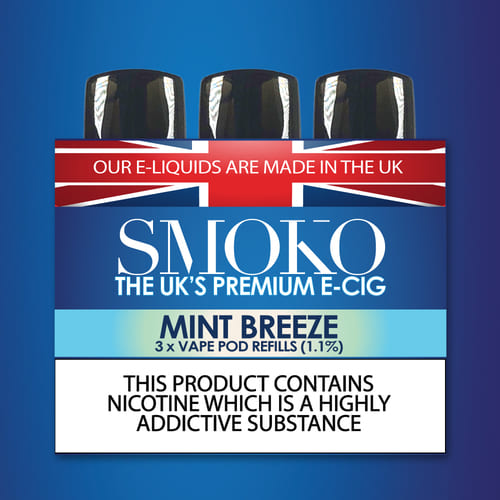 SMOKO E-Cigarette VAPE POD Refills Mint Breeze flavour 1.1% nicotine