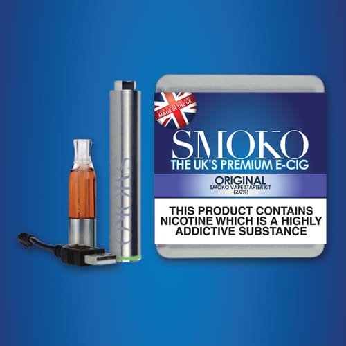 Original tobakksmak SMOKO VAPE Starter Kit leveres med oppladbart VAPE-batteri, 1 original 2.0 % refill, en USB-ladekabel og designermetallboks