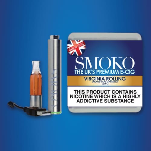 Virginia Rolling Tobacco flavour SMOKO VAPE Starter Kit comes with rechargeable VAPE Battery, 1 Virginia Rolling 2.0% Refill, a USB Charging Cable and designer metal tin